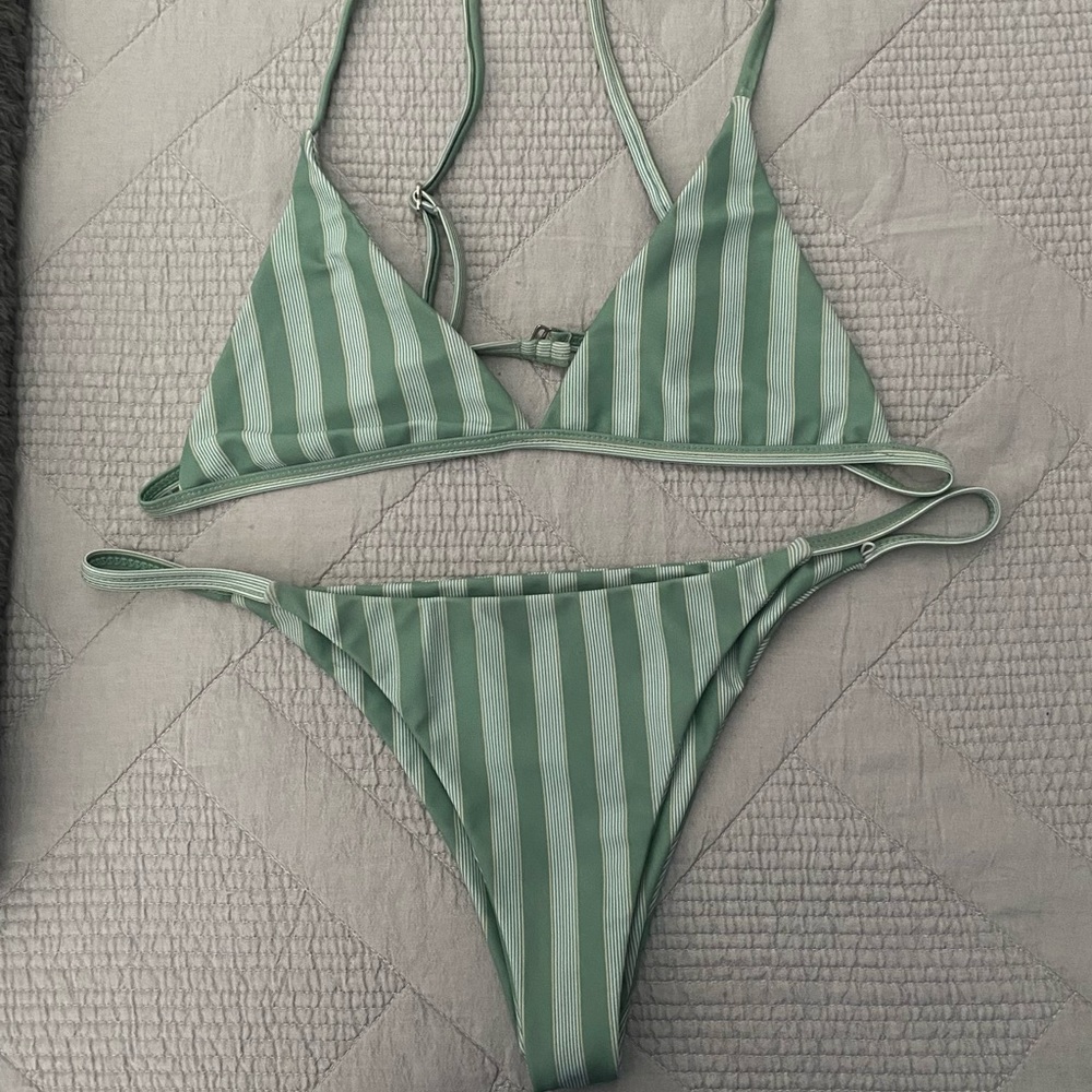 Green and white striped swimsuit